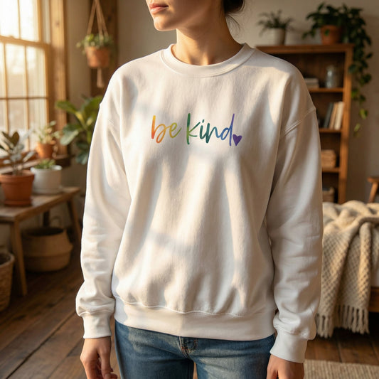 A model wears the "Be Kind" Rainbow Crewneck Sweatshirt, a soft, medium-heavy white Gildan 18000 heavy blend fleece. The front features a vibrant, Direct-to-Garment (DTG) hand-lettered "be kind" graphic in a rainbow watercolor gradient, followed by a purple heart. The model stands in a sunlit, cozy wooden interior, emphasizing the comfortable, true-to-size unisex fit.