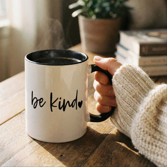 Person holding a mug with 'be kind' text in a cozy indoor setting