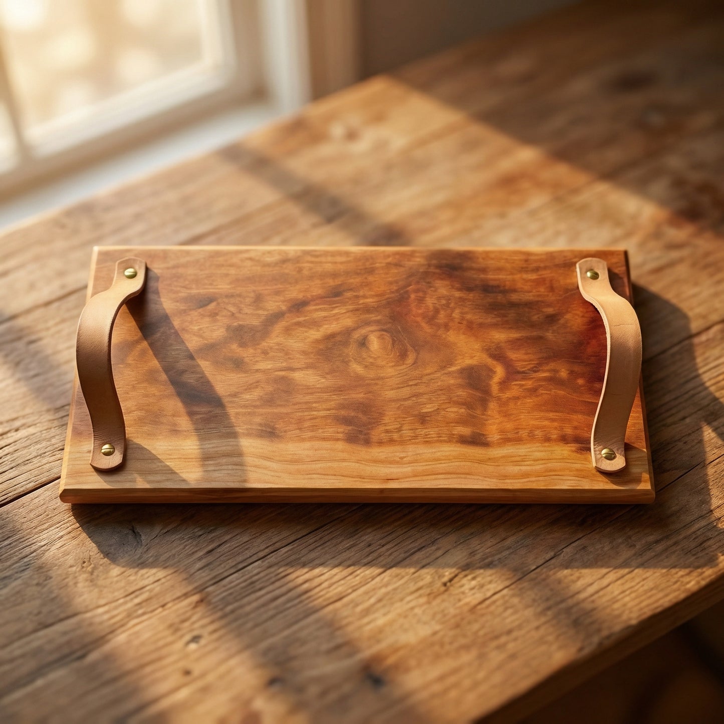 Handmade sycamore serving tray with leather handles on rustic wood table
