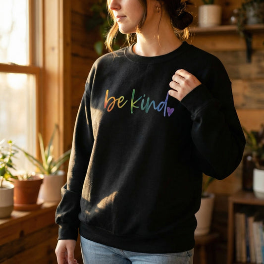 A model wears the "Be Kind" Rainbow Crewneck Sweatshirt, a soft, medium-heavy black Gildan 18000 heavy blend fleece. The front features a vibrant, Direct-to-Garment (DTG) hand-lettered "be kind" graphic in a rainbow watercolor gradient, followed by a purple heart. The model stands in a sunlit, cozy wooden interior, emphasizing the comfortable, true-to-size unisex fit.