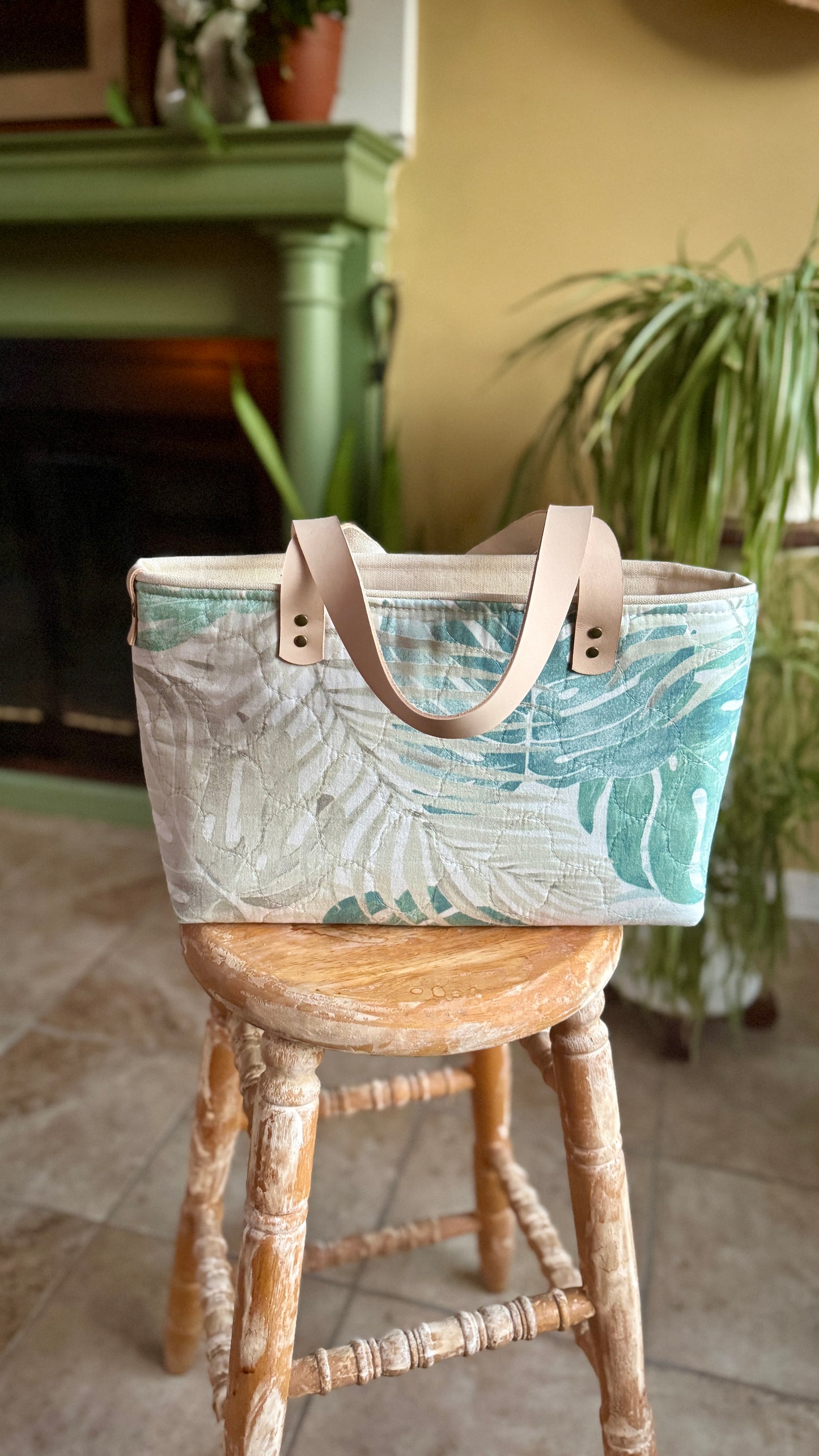 Rescued Textile Botanical Tote with Leather Handles