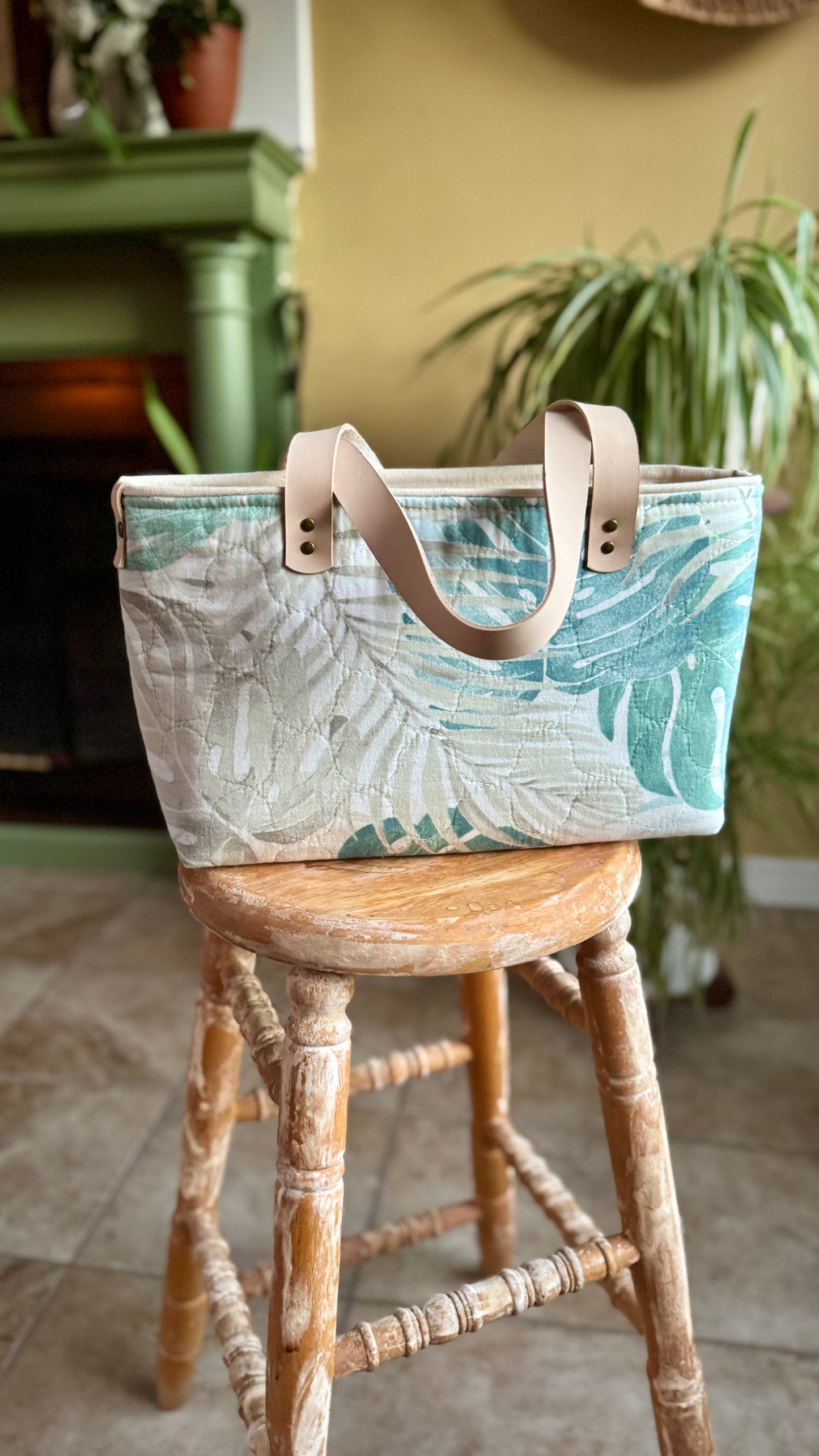 Rescued Textile Botanical Tote with Leather Handles