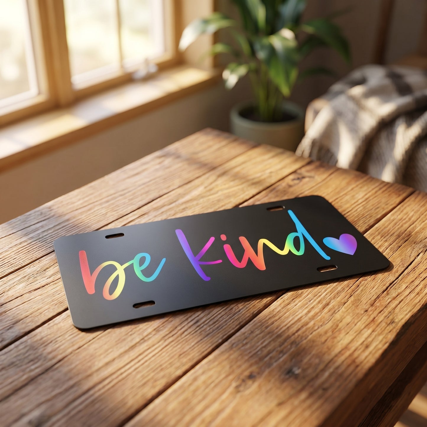 Black license plate with be kind message in rainbow lettering 