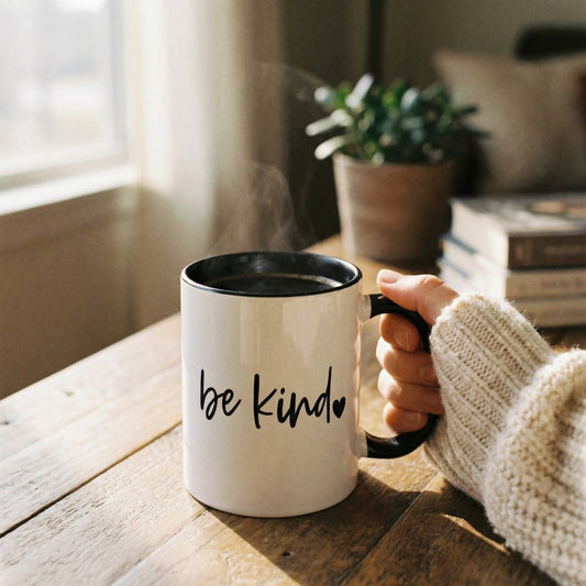 Person holding a mug with 'be kind' text in a cozy indoor setting