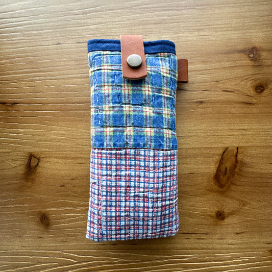 Blue plaid rescued quilt glasses pouch with chrome-tanned leather snap closure
