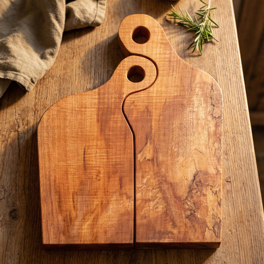 Handcrafted spalted sycamore charcuterie board set made from a single piece of wood, a unique serving board for entertaining or gifting.