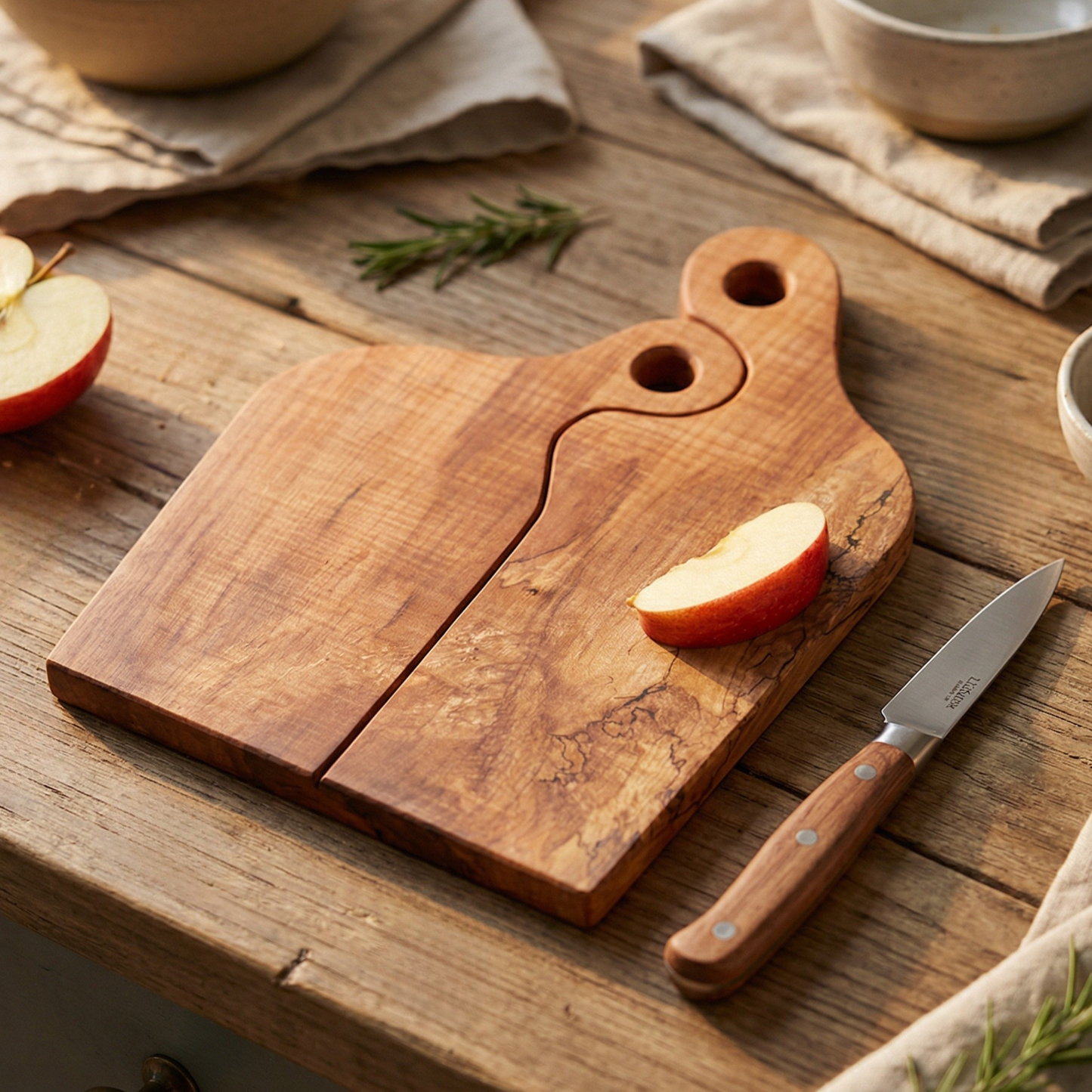 Handcrafted nesting charcuterie board set styled on a rustic wooden table with apple slices and a small kitchen knife.