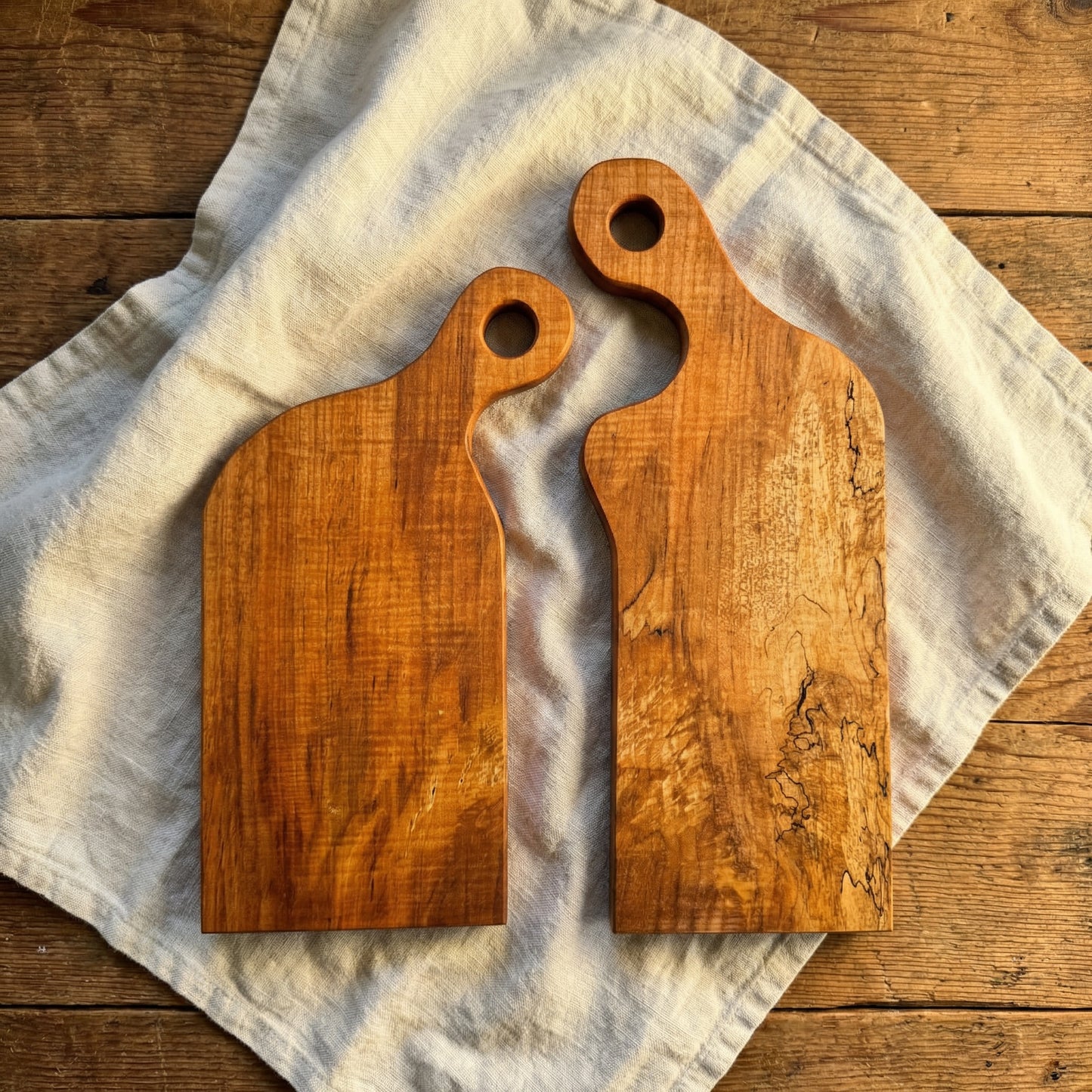 Spalted sycamore nesting charcuterie board set handmade in Southern Indiana, two wooden serving boards cut from the same piece of wood.