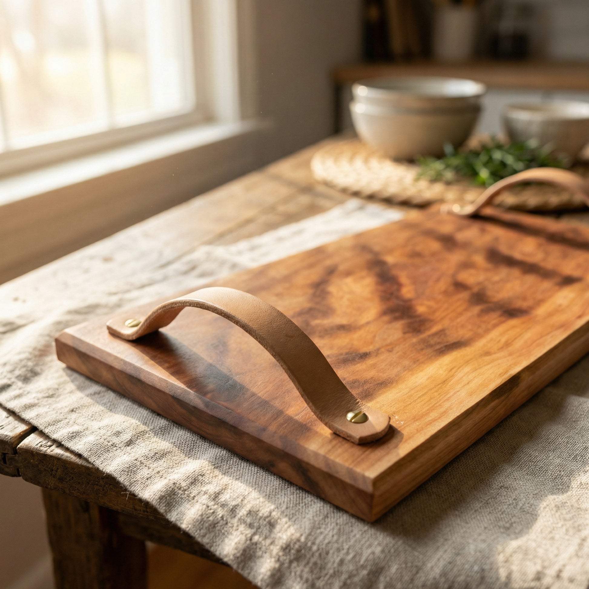 Close-up of leather handle and brass hardware on handmade sycamore serving tray
