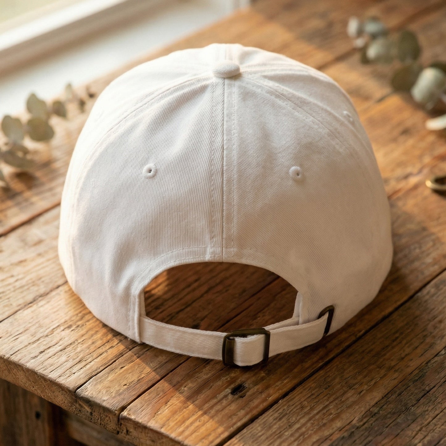 White embroidered baseball hat back view showing adjustable strap and antique brass buckle on wooden table